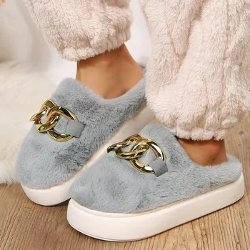 Fur Slippers Women's New Autumn Winter 2023 Large Size Fashion Thick Bottom Slides Home Slippers Zapatillas Mujer Casa 2