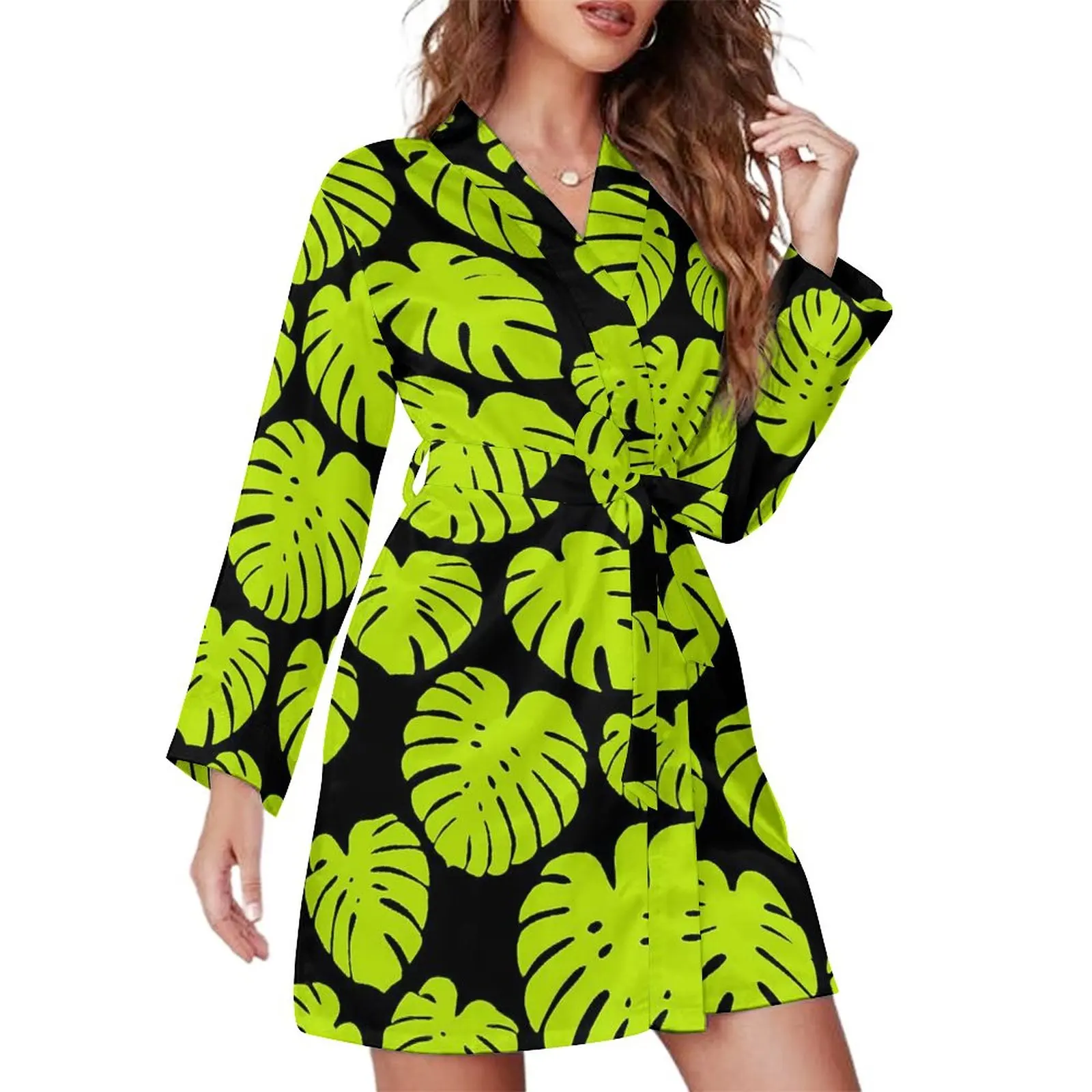 

Monstera Leaf Pajama Robe Lime Print Long-Sleeve Elegant Pajamas Robes Female V Neck Comfortable Sleepwear Spring Dresses