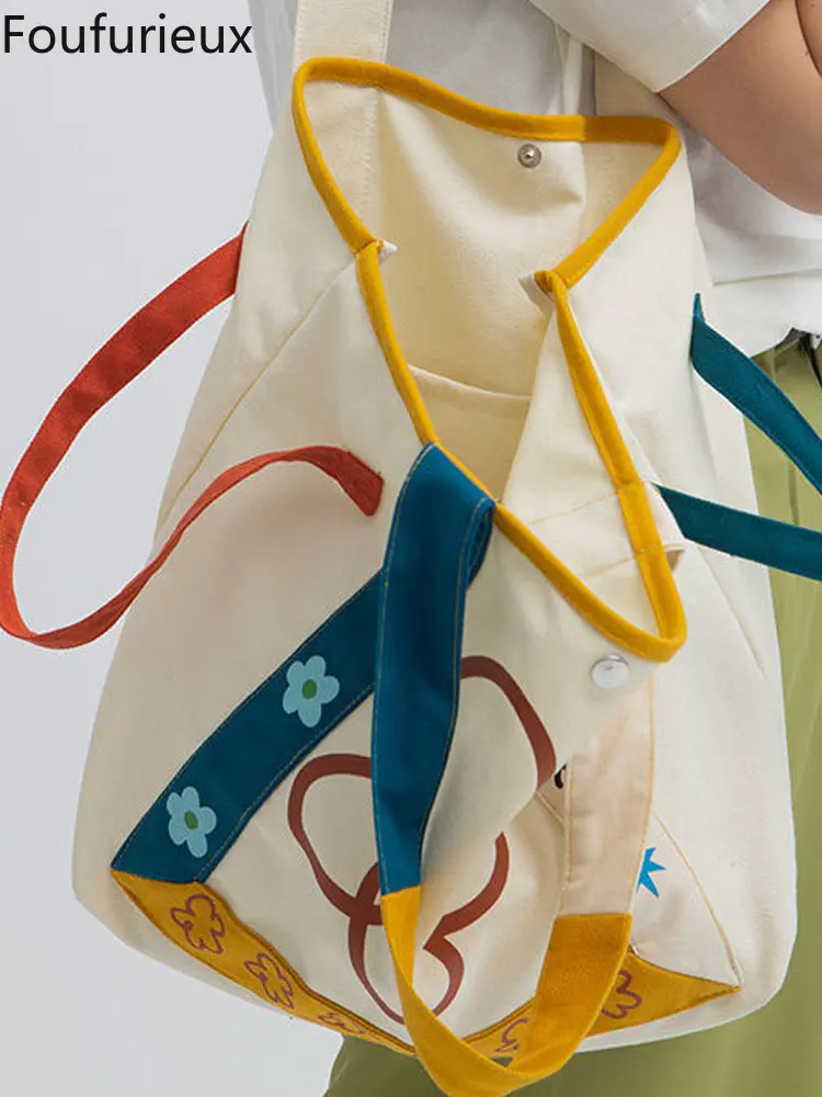 

Новинка 2022, оригинальная портативная Холщовая Сумка-тоут на одно плечо с принтом foufurious, контрастные цвета, маленький дизайн, Корейская верс...