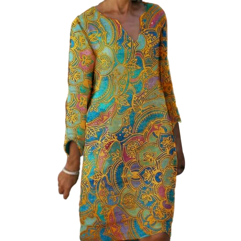 

Женское платье с длинным рукавом и V-образным вырезом, в этническом стиле