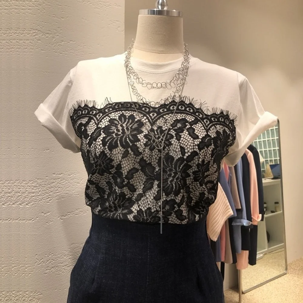 

Flower Print Lace Hollow Out T-Shirt for Women O Neck Short Sleeve Patchwork Mesh Plus Size Skinny Female 2022 Summer Clothes