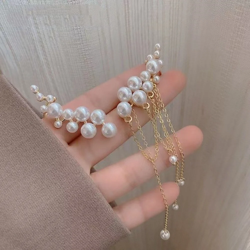 

Fashion Pearl Tassel Earrings for Women S925 Asymmetrical Pearl Ear Clip Studs Trendy Drop Dangling Ear Line Ladies Jewelry Gift