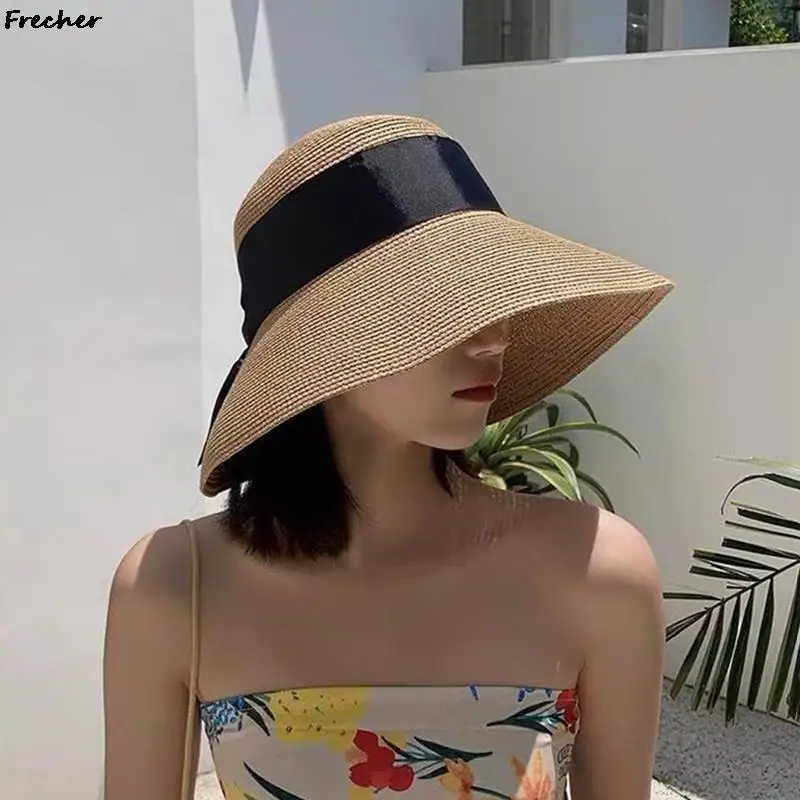 

Ladies Trendy Sun Hats Women Bow Beach Hat Summer Wedding Party Beautiful Caps Large Brim Raffia Panama Fashion Straw Chapeau