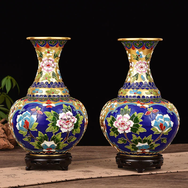 

Cloisonne Enamel Vase Home Decoration Filigree Peony Dragon and Phoenix Gold Floor Incense Bottle