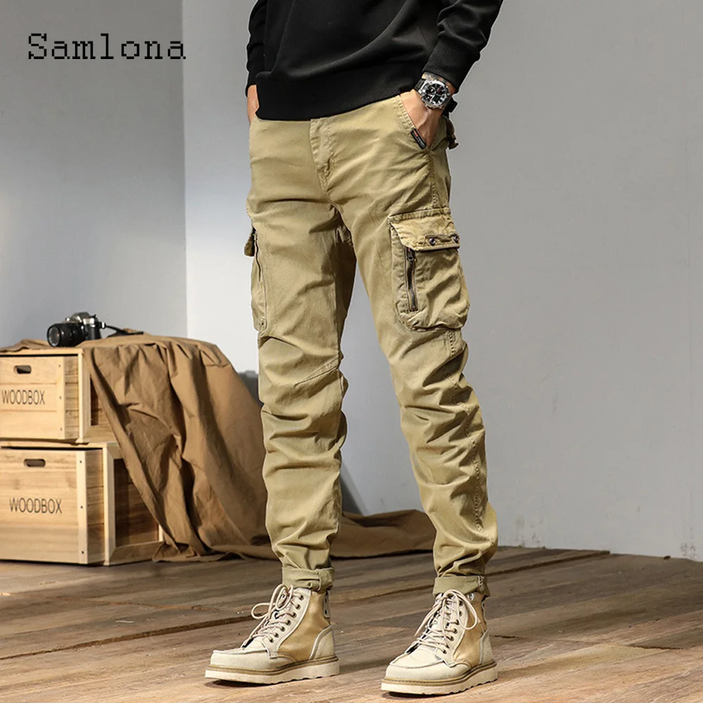 

Samlona Mens Cargo Pants 2023 New Summer Moto & Bike Pants Male Zipper Pockets Trouser New Solid Khaki Black Outdoor Casual Pant