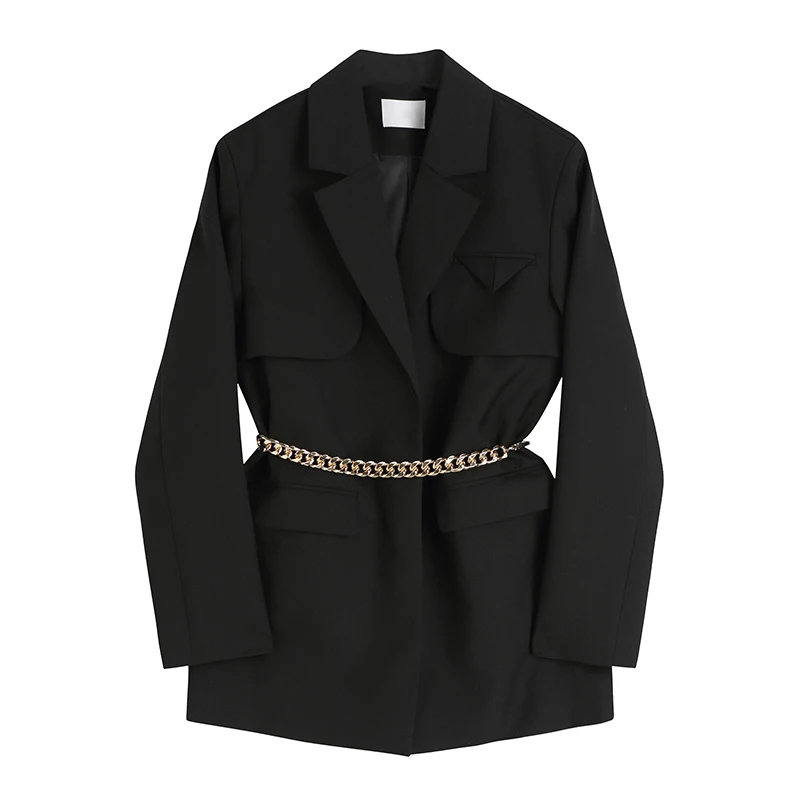 

Korean Black Khaki Straight Blazer Plus Chain Sashes Women Notched Collar Long Sleeves Casual Blazers Female 2022 Spring Fashion