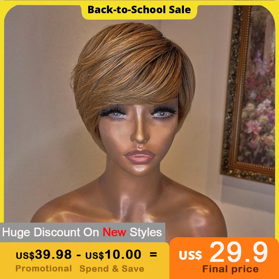 

Short Bob Wig With Bangs Full Machine Pixie Cut Wig Brazilian Remy HumanHair Straight Cheap Highlight Ombre Wig Glueless