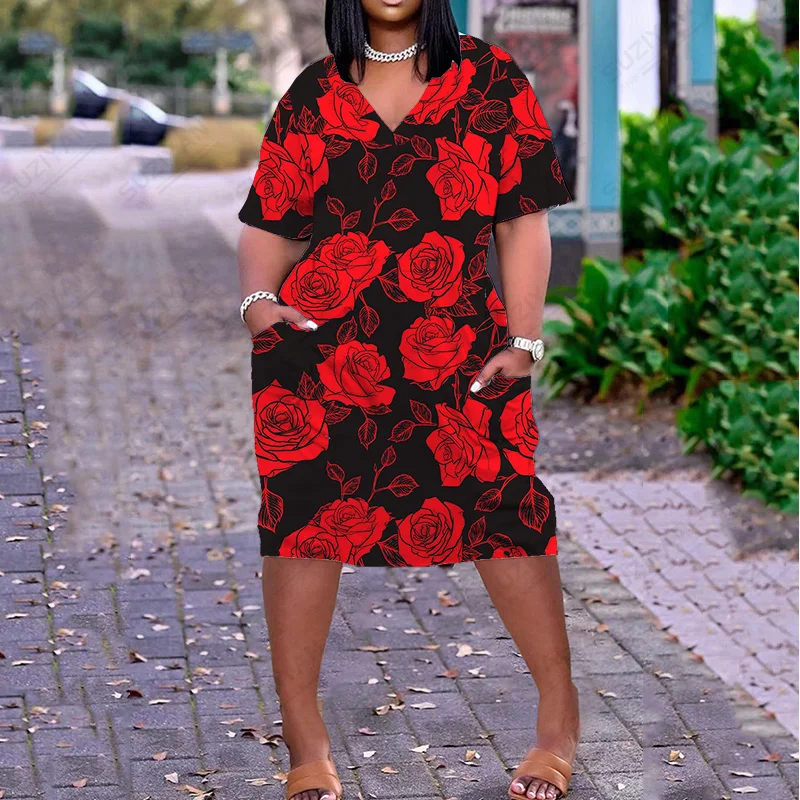 

Top V Neck Sexy Plus Size Women Clothing Fashion Free Summer Clothes For Women New Printing Rose Sexy Midi Dress Style Woman