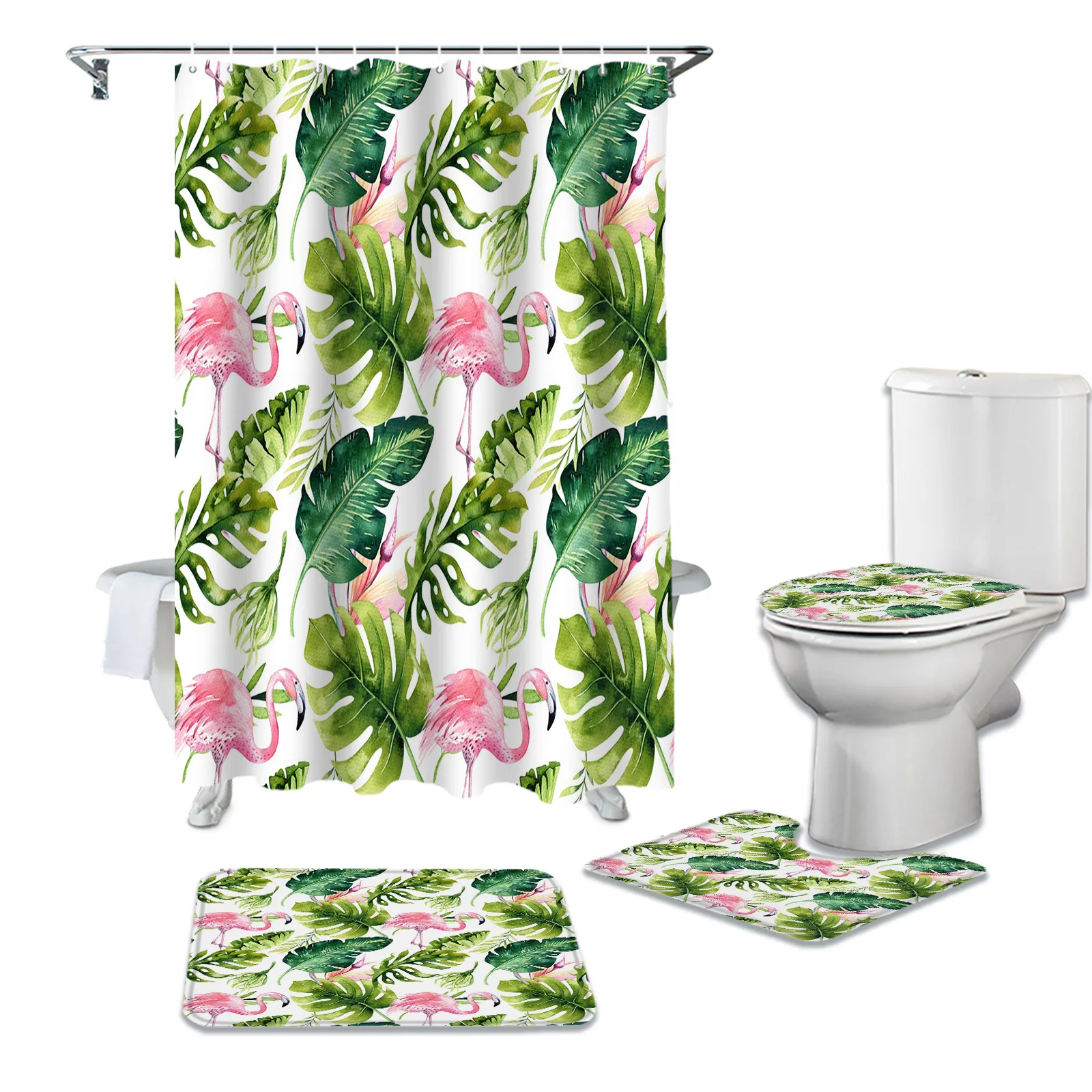 

Тропическая Пальма фламинго, занавеска для душа в ванную комнату, коврик для ванной, набор ковриков, крышка для туалета, напольные коврики, а...