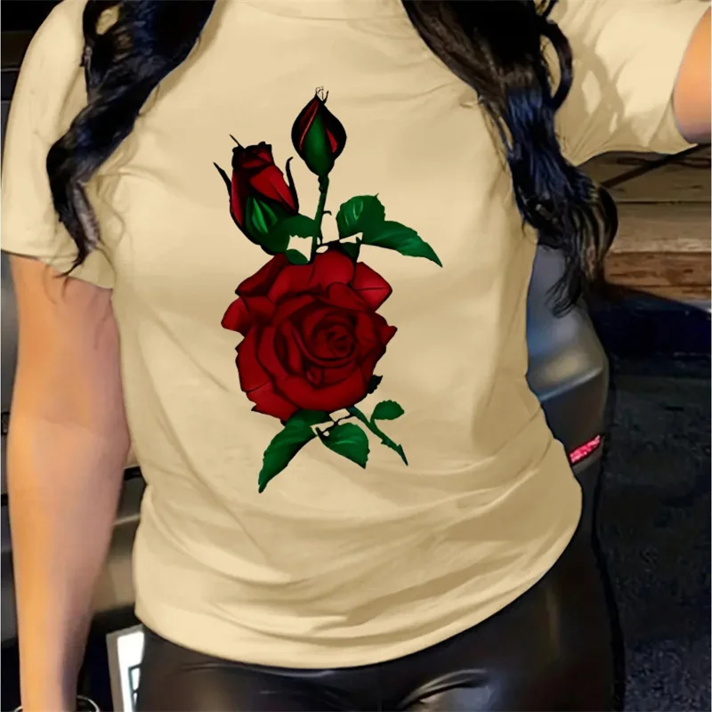 Rose Women's T-shirt Simple And High-end Y2k Fashionable Comfortable Flower Pattern Short Sleeved Casual O-neck Top