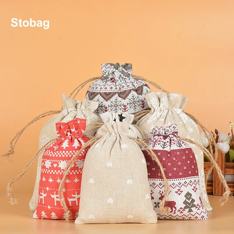 

StoBag 50pcs Christmas Linen Cotton Bags Small Drawstring Pocket Jewelry Pouch Reusable Gift Packaging Storage Favors Wholesale