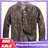 2021 vintage brown american casual style genuine leather jacket men plus size 4xl real natural sheepskin slim fit autumn coat
