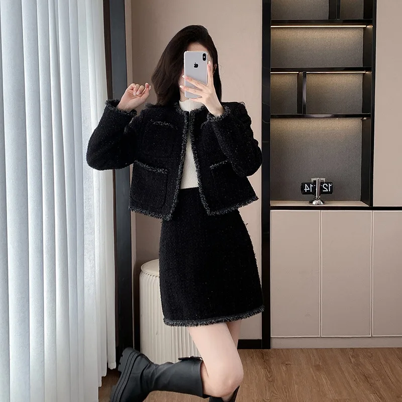 Черный женский комплект из 2 предметов грубого твида куртка + юбка с высокой