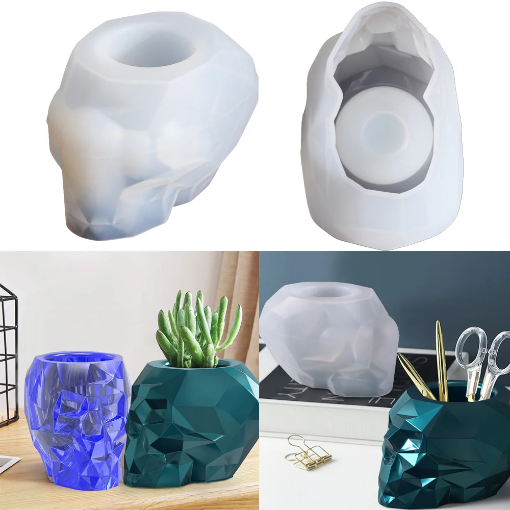 

Skull Shape Mold Pen Holder Silicone Mold Faceted Epoxy Resin Succulent Flower Pot Silicone Muold for DIY Home Decorative Crafts
