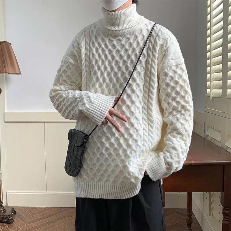 Свитер мужской зимний утепленный с высоким воротником, модный плотный трикотажный пуловер в стиле ретро, свитер свободного покроя с длинны...