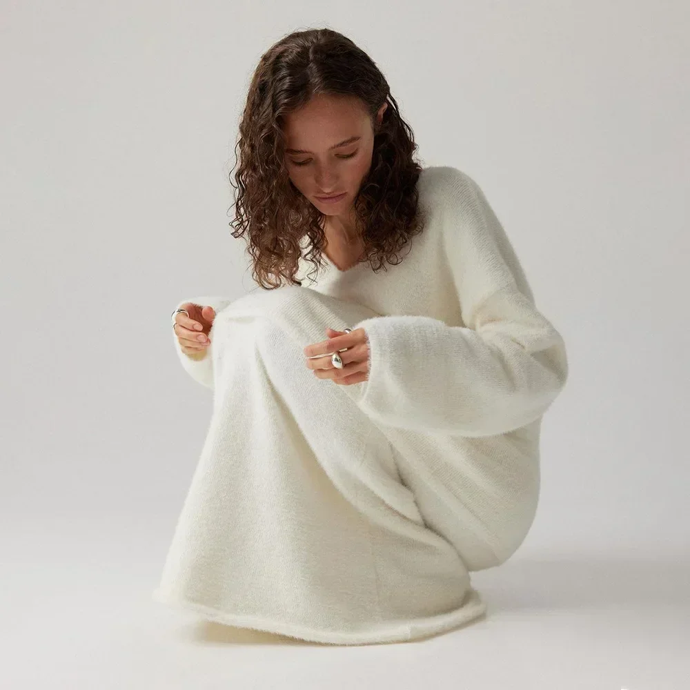 Ueteey осенне-зимний вязаный костюм с юбкой женский простой свободный свитер из