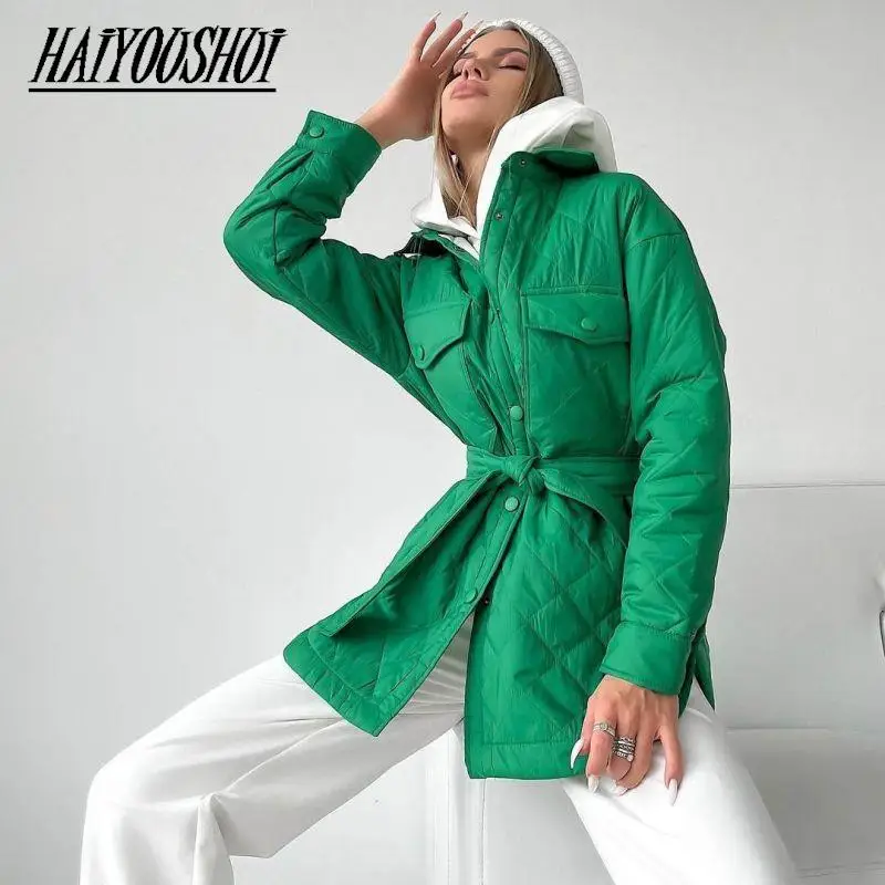 Parkas con botones delanteros para mujer, abrigos sencillos de Argyle, chaquetas elegantes de algodón liso con cuello vuelto, color verde