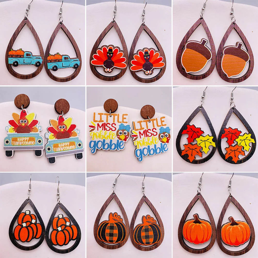 

New Autumn Thanksgiving Wooden Earrings Fall Pumpkin Turkey Car Teardrop Earrings Women Jewelry Wholesale Halloween Party