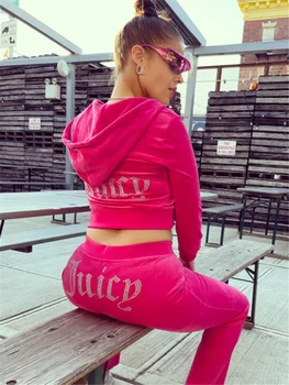 Velevt Two Piece Set Diamonds Hoodie Crop Jacket And Joggers Pants Outfits Streetwear  Jogging Suits Juicy Corture Tracksuit 1