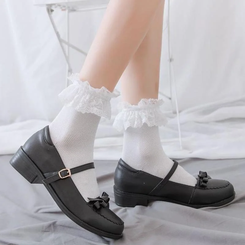 

Hollow Mesh Lace Women Cotton Socks 1Pair JK Uniform Lolita Dress Mid Calf Length Socks Fashion Japan Black/White Female Socking