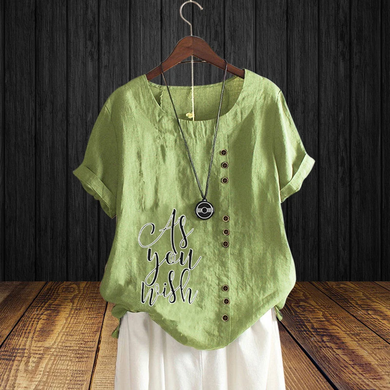 

Popular English Words Printed Short Sleeve Shirt Women's Clothing T Shirt O Neck Top for Lady Cotton Linen Summer Pullover Top