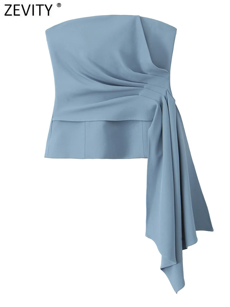 Zevity 2024 Women Fashion Strapless Solid Pleated Design Corset Style Slim Blouse Female Zipper Shirts Blusas Chic Tops LS7204