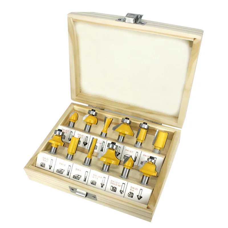 

1/4 Handle 12Pcs Wooden Box Woodworking Milling Cutter Set Edge Trimming Chamfering Tungsten Steel Alloy Cutter Head Hand Tools