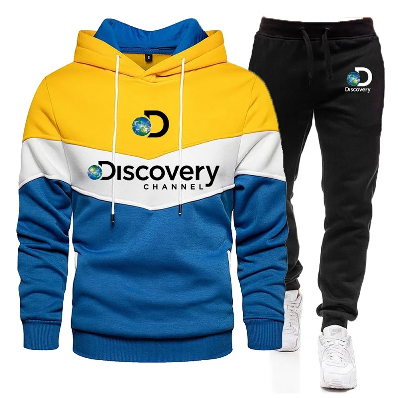 New Patchwork Discovery Channel Men's Hoodies Sweatshirt+Sweatpants Suit Autumn Winter Warm Sportswear Sets Men Hoodie Pullover