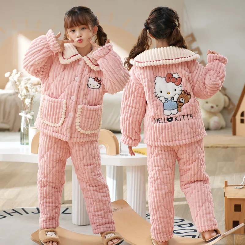 

Детская Фланелевая пижама Sanrios, мультяшный милый флисовый спортивный костюм с рисунком Hello Kitty в стиле аниме, для средней школы, на осень/зиму