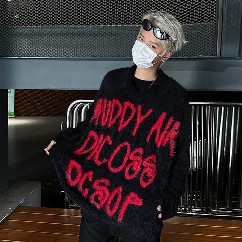 FEWQ Американский контрастный цветной норковый мех мужской свитер с надписью