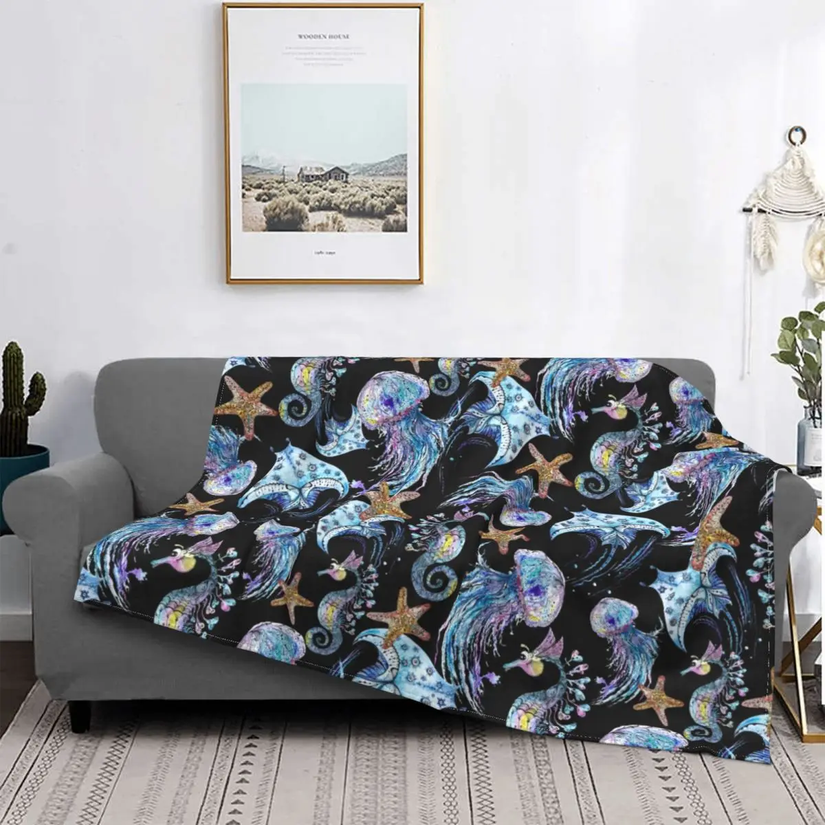 

Sea Animals On Black Blanket Manta Ray Ocean Stingray Plush Warm Soft Flannel Throw Blanket For Sofa BedSheet Quilt Bedroom Art