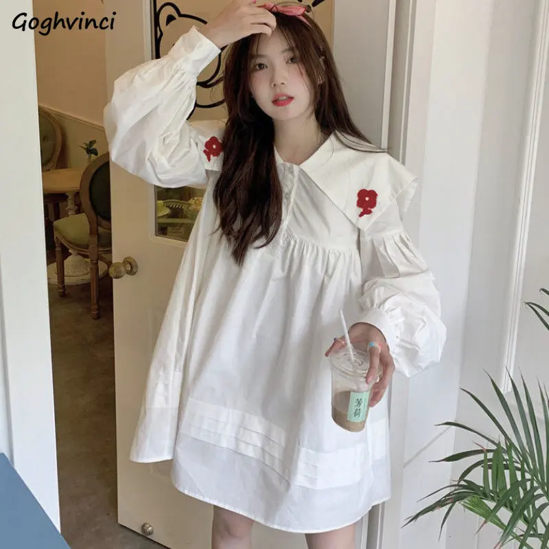 

Белые женские платья с круглым воротником, свободные универсальные повседневные Простые весенние милые Модные Винтажные Простые платья в ...