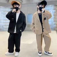 korean boys clothes set autumn children two piece blazer suits khakiblack color coats and pants spring teenage pure outfits