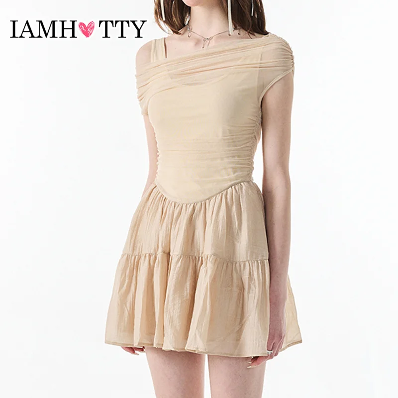 

IAMHOTTY Balletcore A-line Ball Gown Dress Slash Neck Mesh Patchwork Fluffy Mini Party Evening Dress Holiday Mature Robe Korean