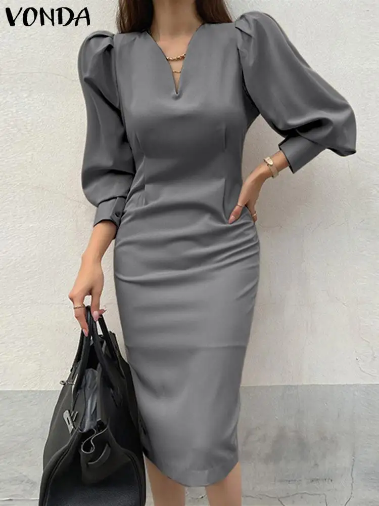 

Women Dress Summer Robe 2023 VONDA Sexy Square Neck 3/4 Sleeve Solid Color Midi Bodycon Sundress Party Vestidos Oversized Baggy