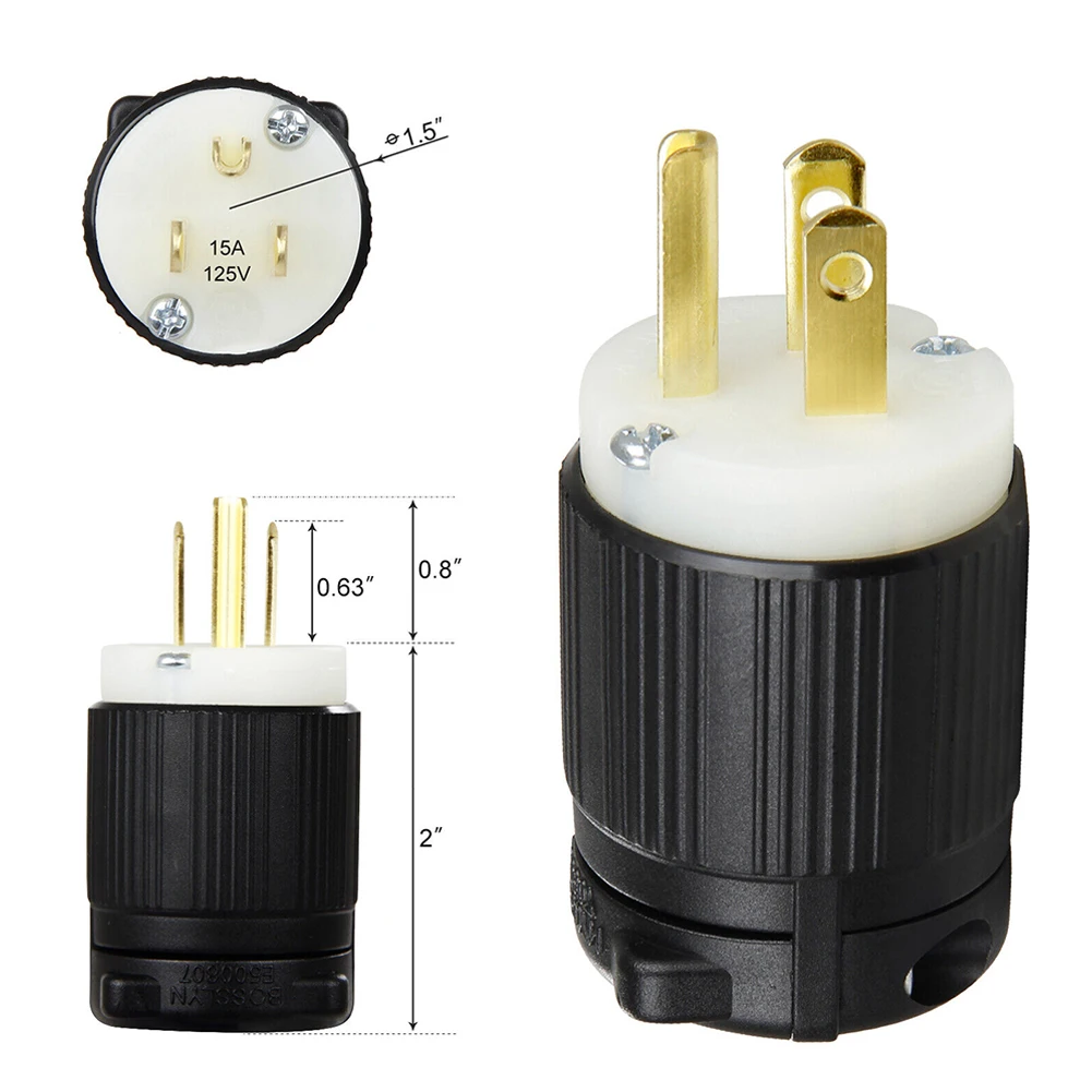 

15A 125V AC Plug 12-18 AWG 2Pole 3-Wire Ground Commercial Grade Replacement NEMA 5-15P Male Plug For Trailer Camper RV Car Boat