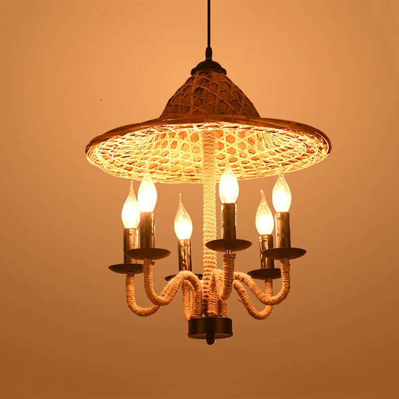 

Винтажная Подвесная лампа в стиле лофт из пеньковой веревки, креативный Плетеный светильник ручной работы в виде соломенной шляпы, популяр...