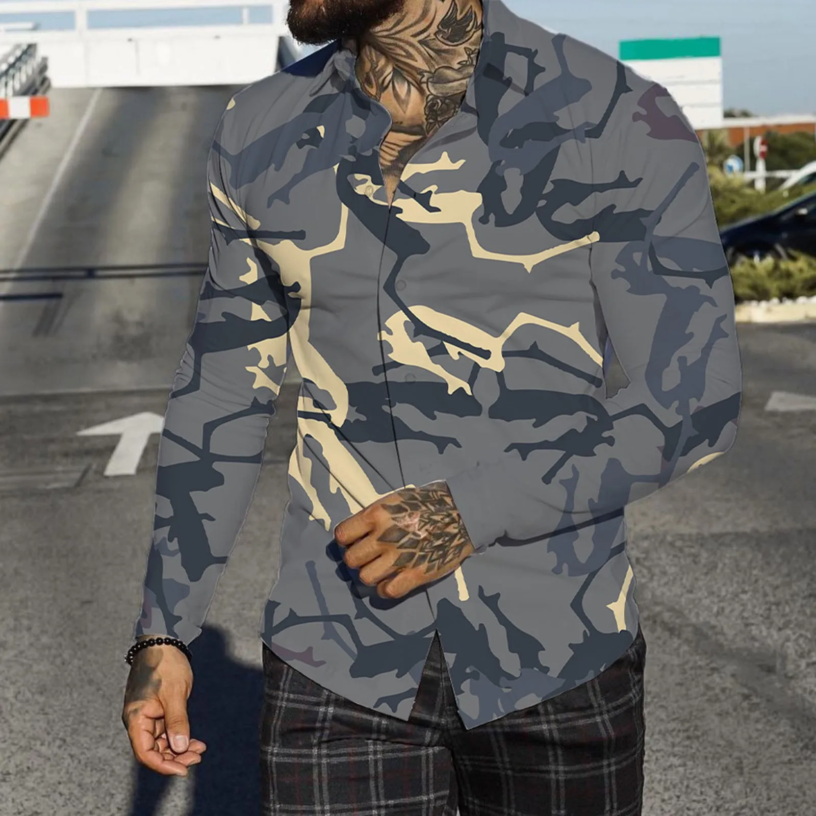 

Collared Bodysuit Men Autumn Winter Single Breasted Casual Lapel Full Print Beach Long Sleeve Vacation Outdoor Long Sleeve Scrub