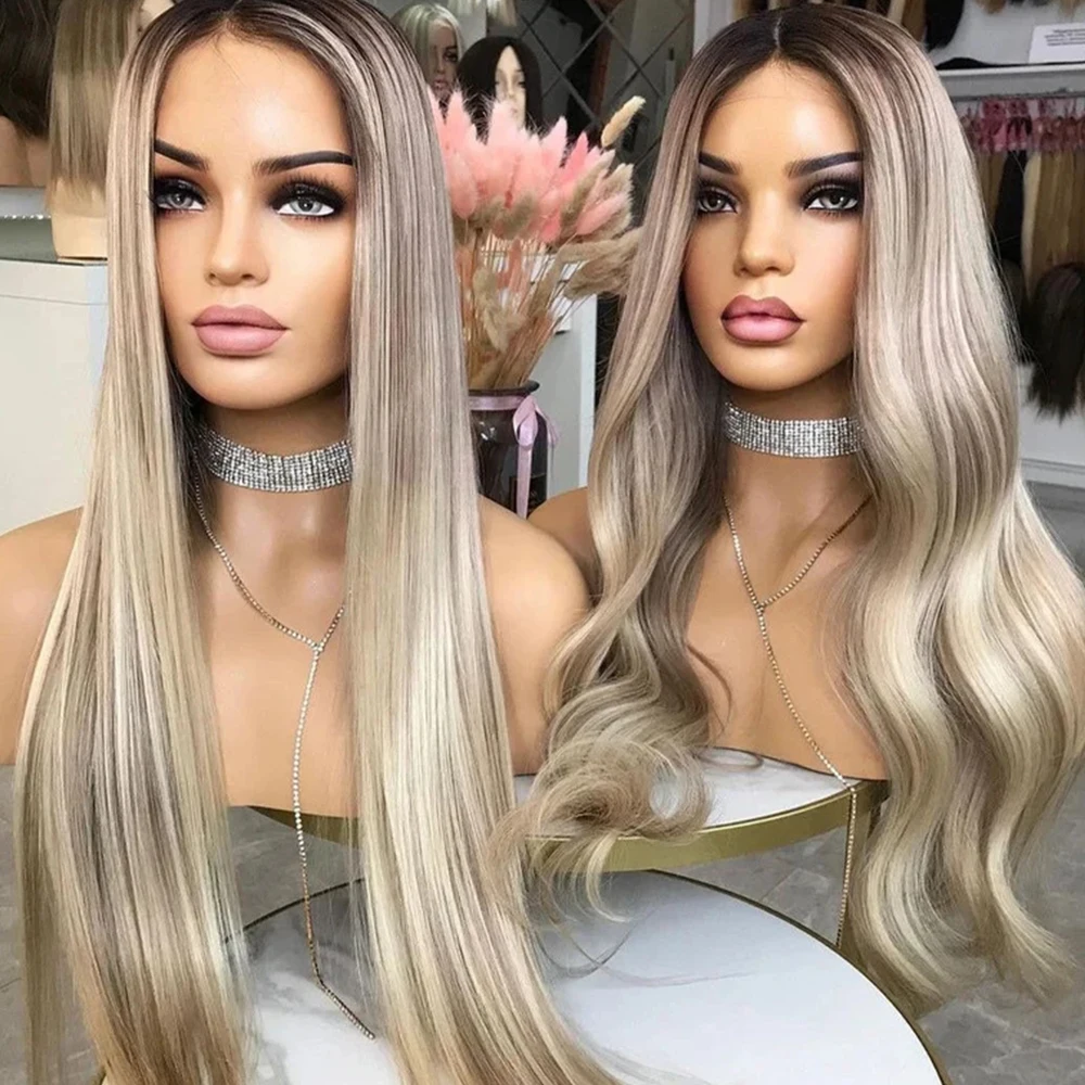 Platinum Blonde Lace Front Wig Human Hair 13x6 Transparent Lace Ash Blonde Highlight Full Lace Human Hair Wig Body Wave Peruvian