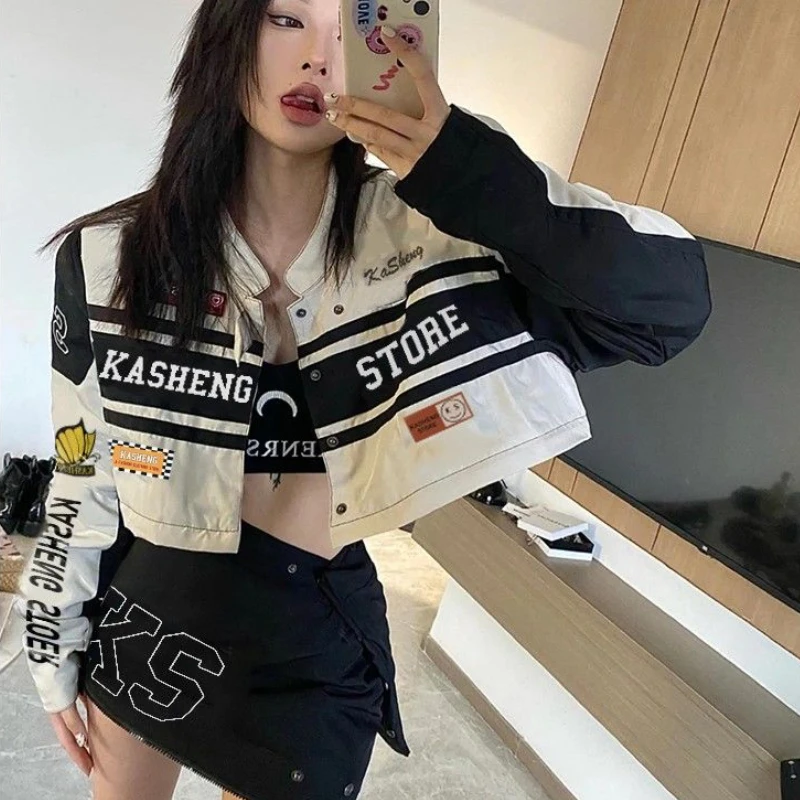 

Retro Women Letters Motorcycle Baseball Jacket Detachable Skirt Cardigan Racing Suits Tooling Zipper Bomber Coat Chaquetas Tops