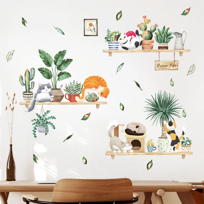 

Watercolor Bonsai Plants Shelf Cats Potted Flower Wall Stickers for Living Room Kitchen Decorative Stickers for Furniture Decals