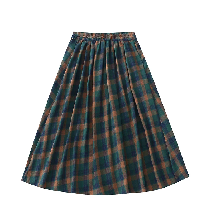 

Spring New Women's Plaid A-line Skirt Mid-length High-elastic Waist Retro Vintage Literary Female Loose Soft Woollen Skirts