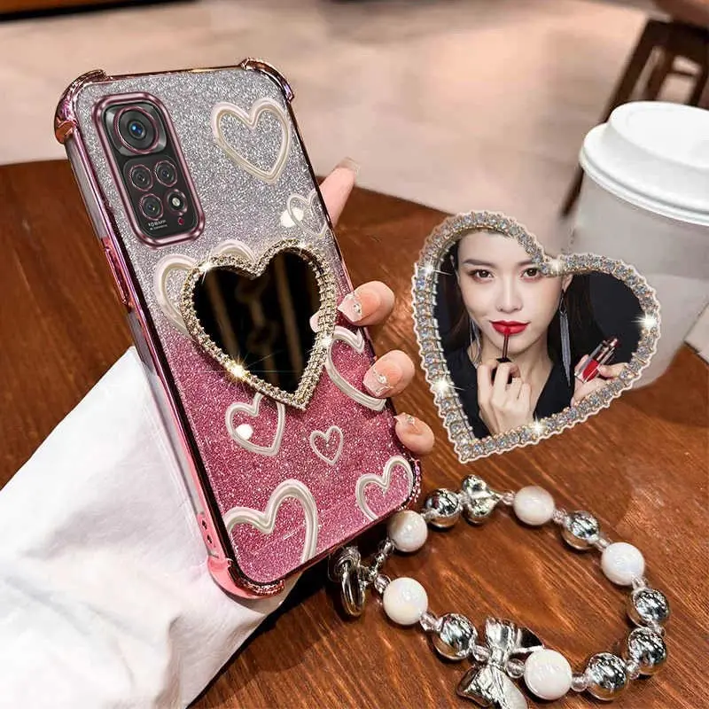 Airbag Strap Glitter Love Heart Mirror Phone Case On For Xiaomi Redmi Note 7 8 9 9s 10 10s 11 11s 11T Pro Plus Max 4G 5G Cover
