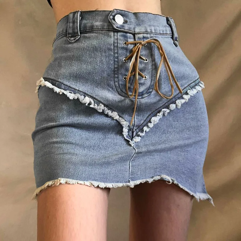 

Summer Stylish Denim Mini Skirts High Waist Corss Bandage Rough Trim Decor Fashion Women Street Style Skirts Harajuku