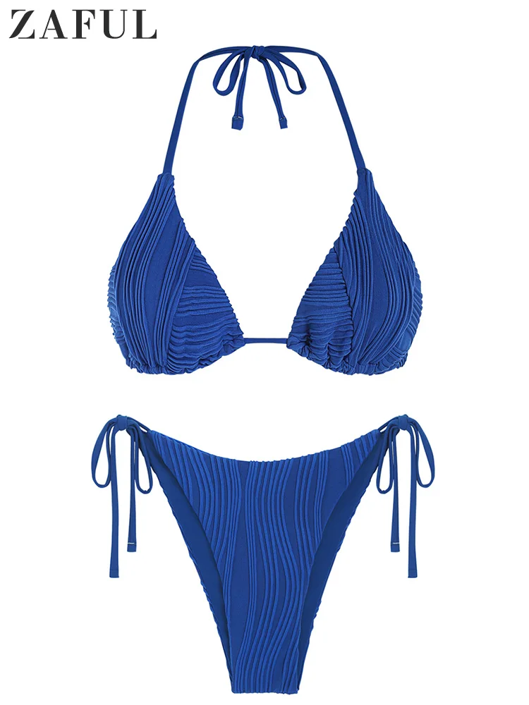 ZAFUL Women's Backless Triangle Swimsuit Halter Top High Cut Thong Bikini Set Textured Tie Side Bathing Suit Solid Swimwear 2023