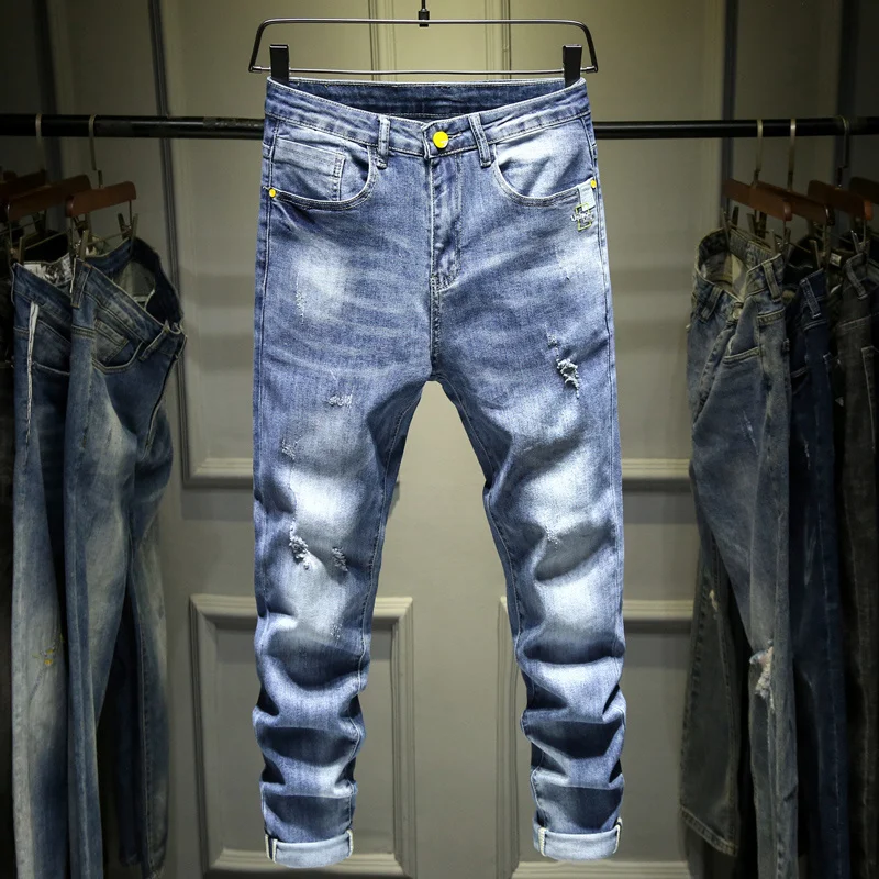 

Spring/Summer/Autumn Pretty Boy Blue Elastic Legging Men's Jeans Cotton Denim Trousers Casual Jogger Slim Pencil Pants Oversized