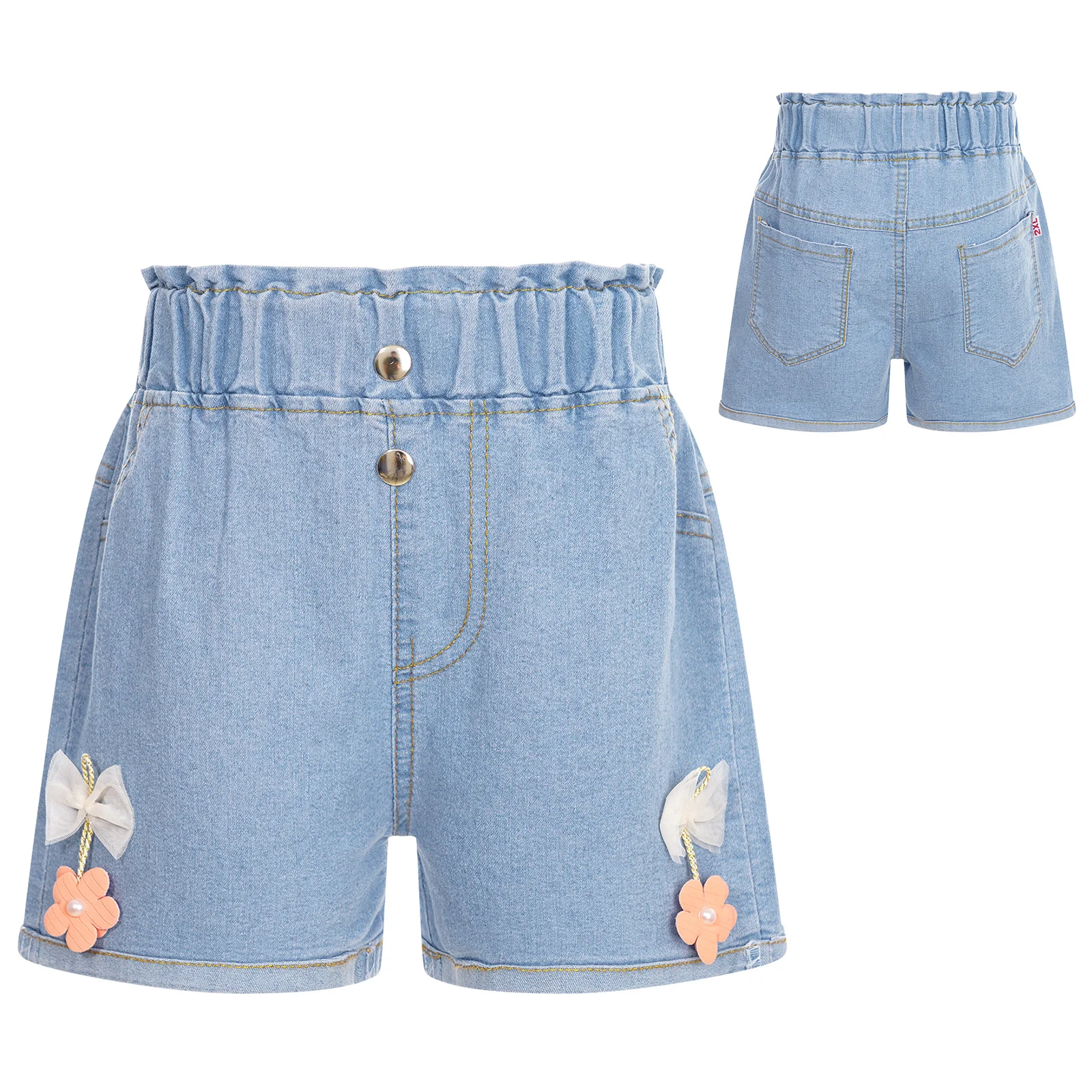 

Джинсовые шорты для девочек, милый эластичный пояс с цветочным/бантом/Кроликом, короткие джинсовые брюки с карманами, повседневная одежда, на лето