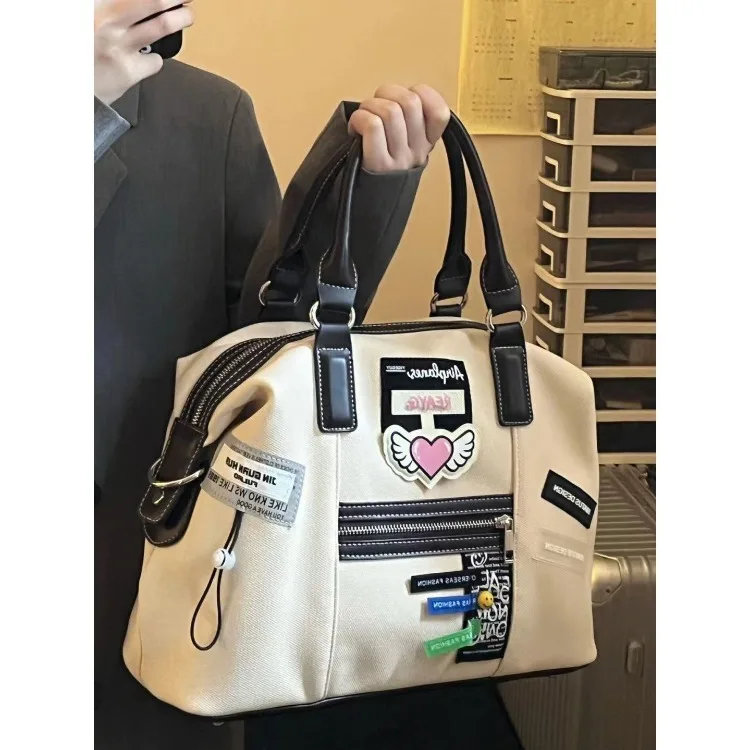 

Elegant Vintage Print Zipper Canvas Bag for Women Travel Casual Large Capacity Handbags Y2k Aesthetics White Crossbody Bags