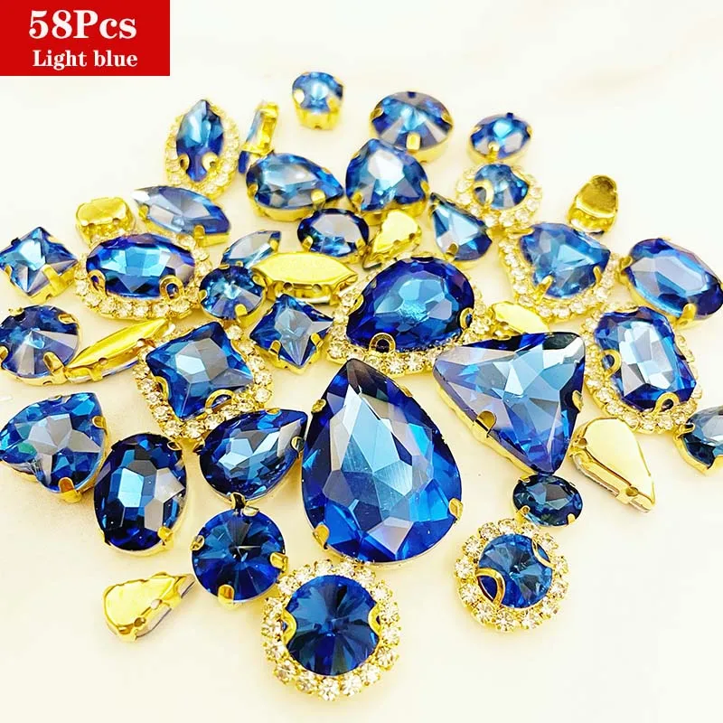 

58pcs/bag Shiny Light Blue Sew on Stones,Gold Base Mix Color Crystal Glass Loose Rhinestones, Diy/Clothes/Wedding Decoration