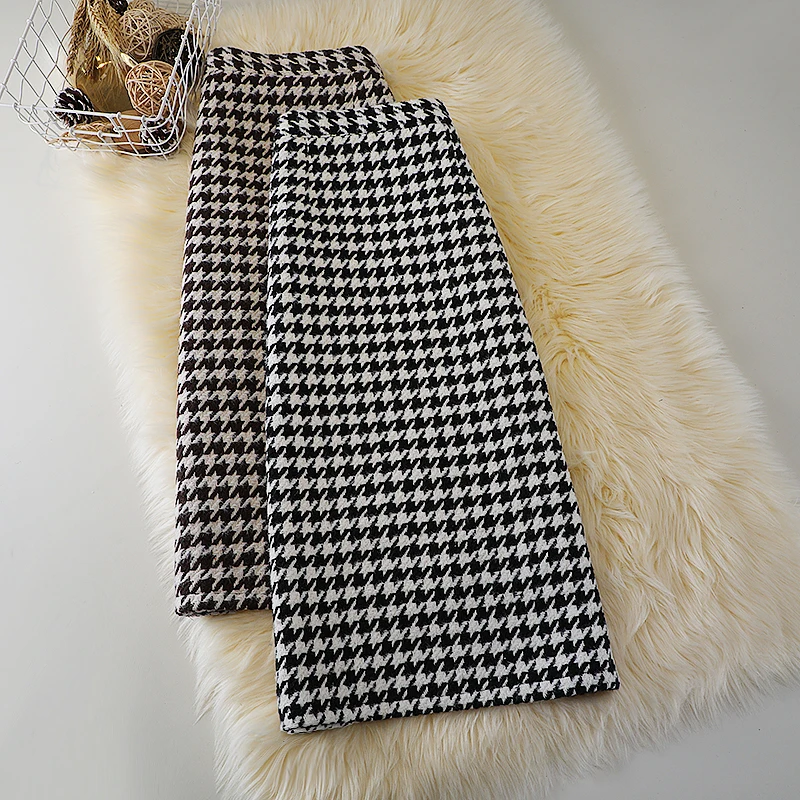 

Houndstooth Woolen Skirt Mid-length Over-the-knee Women's 2023 Winter High Waist Slit One-step Skirt Retro A-line Skirt S-XXL